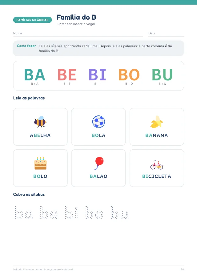 Página da família silábica do B