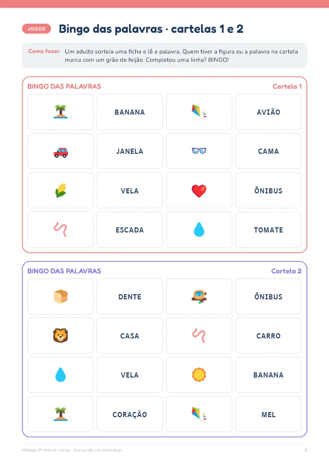 Cartelas do bingo das palavras